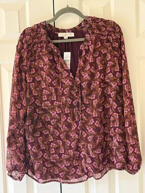NWT LOFT  Burgundy Floral Tie-Neck Blouse Popover Sz L